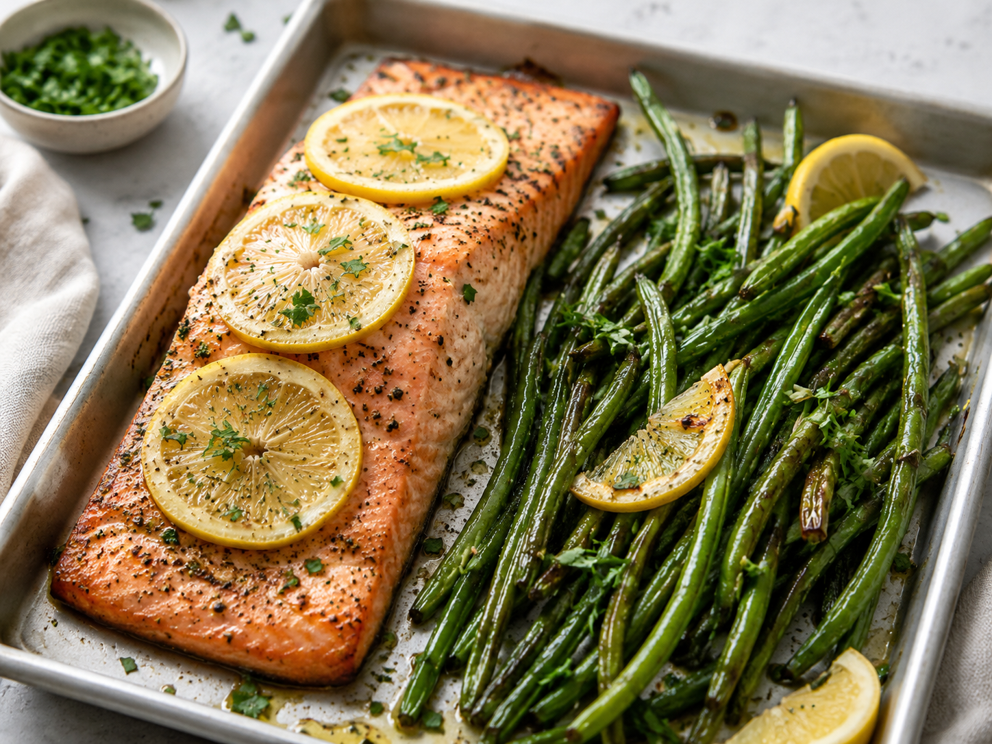 Salmon and green beans tray dinner recipe